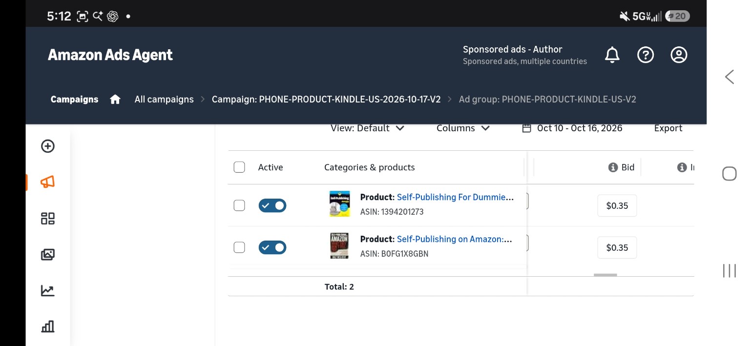 Historical October 17, 2026 Amazon Ads product-target list showing two enabled product targets, each with a $0.35 bid